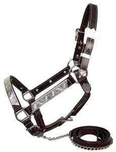   ENGRAVED SILVER SHOW HALTER WITH MATCHING CHAIN LEAD ROPE NWT  