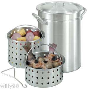   Qt Aluminum Stockpot 2 Steam Fry Boil Seafood Baskets & Lid Pot  
