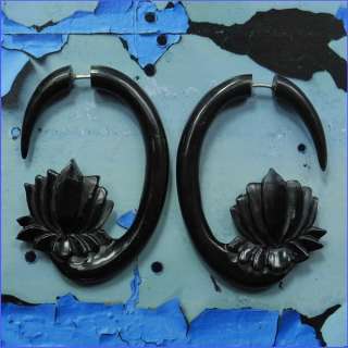   Black Horn Fake Gauges, Flower Hoops, Earrings, Bali Hand Carving