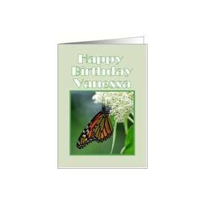 Happy Birthday, Vanessa, Monarch Butterfly on White Milkweed Flower 