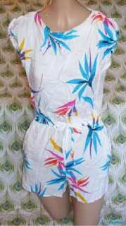 Tropical Hawaiian Print Vintage 80s Romper Shorts Suit Button Top 