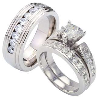 3PCS His Hers Titanium & Silver 925 Heart CZ Wedding Ring Set  
