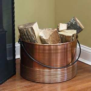 Ribbed Cauldron Copper Firewood Holder with Handle   Antique Copper