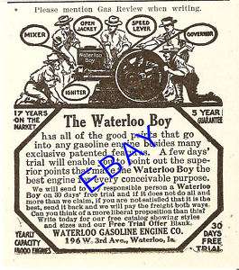 1913 WATERLOO BOY GASOLINE ENGINE AD GAS WATERLOO IOWA  
