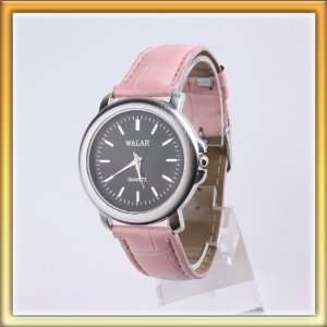 Vogue black round black dial pink imitation leather strap watch Women 
