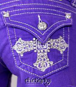 Miss Me Jeans Shorts French Empire Crystal Cross Purple Denim 