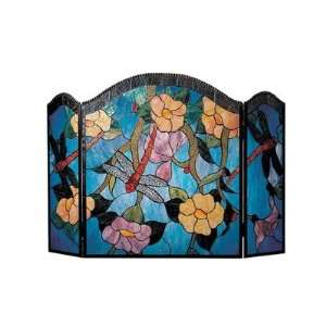   34 Inch Multicolored Dragonfly Fireplace Screen With Art Glass Shade