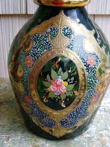 Large Hand Painted Emerald Green Floral Glass Vase  