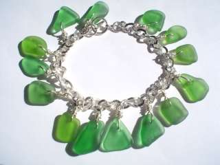 Silver Emerald Green Sea Beach Glass Charm Bracelet  