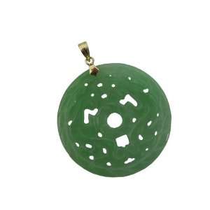  Light Green Jade Carved Round Pendant, 14k Gold Jewelry