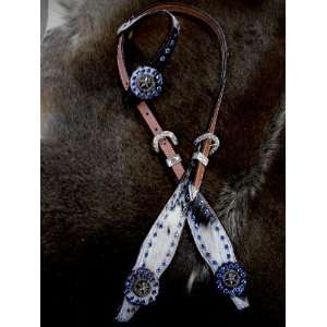   BRIDLE WESTERN LEATHER HEADSTALL HAIR BLUE STAR BLING 
