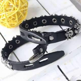 Mens Black Leather Skull Studs Belt Bracelet Cuff Wristband 7.5L 