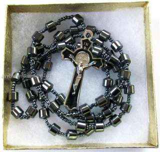 Mens Hematite Beaded St Benedict Cross All Black Rosary Necklace 28