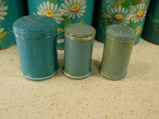   RANSBURG BLUE Hand Painted Metal Flowered Shabby Chic 7 Canister Set