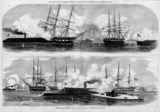 CIVIL WAR SHIPS, MONITOR, MERRIMAC, 1862 ANTIQUE PRINT  