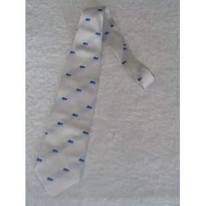   Silk Necktie  White with small Blue Elephant and Ivory Shadow pattern