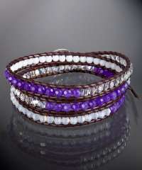   leather wrap bracelet purple white clear leather cord faceted dyed