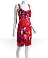 Outfit David Meister red floral satin bow front sheath dress with 