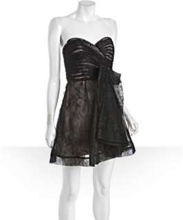 by Allen Schwartz black lace pleated bow front strapless dress