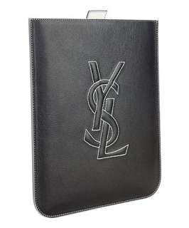Yves Saint Laurent black leather contrast stitched signature iPad case