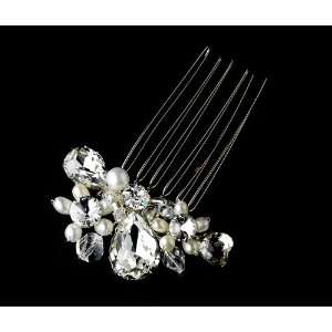 Couture Silver Clear Rhinestone White Pearl Clustered Bridal Hair Comb