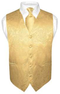 Mens Gold Color Paisley Design Dress Vest and NeckTie Set for Suit or 