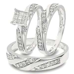 Princess Cut Diamond Trio Matching Ring Set 10K White Gold Three Ring 