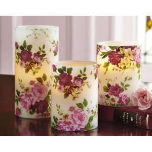 Set Of 3 Rose Pattern Flameless Pillar Candles By Collections Etc 