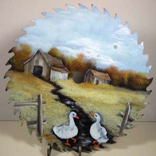 Hand Painted Circular Saw Blade Country Autumn Scene Barn Ducks  