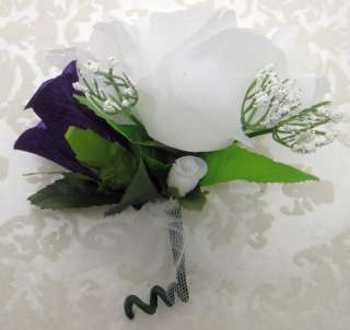   WHITE ROSES Corsage & Boutonniere Artificial Silk Wedding Flowers Prom