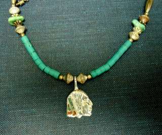   Turquoise & Liquid Silver Necklace w/ Indian Profile Pendant    70s