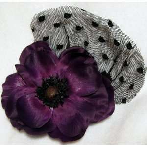  NEW Purple Anemone Flower with Black Veil Hair Clip and 