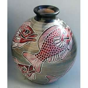  Hand Painted Nicaraguan Red Fish Vase 