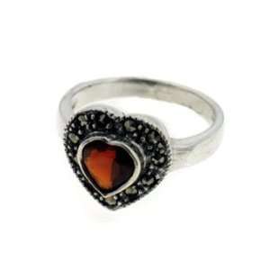 Sterling Silver Marcasite Red Garnet Heart Ring Size 7(Sizes 5,6,7,8,9 