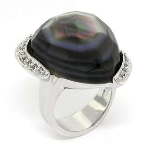  Large Cocktail Ring w/Black Mother of pearl & White CZs, 5 