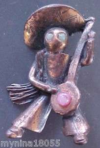 Vintage Copper Mexican Guitar Player Brooch  