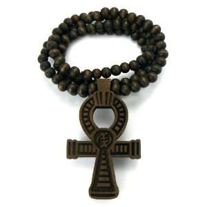  Brown Wooden Ankh Coss Pendant with a 36 Inch Necklace Chain 